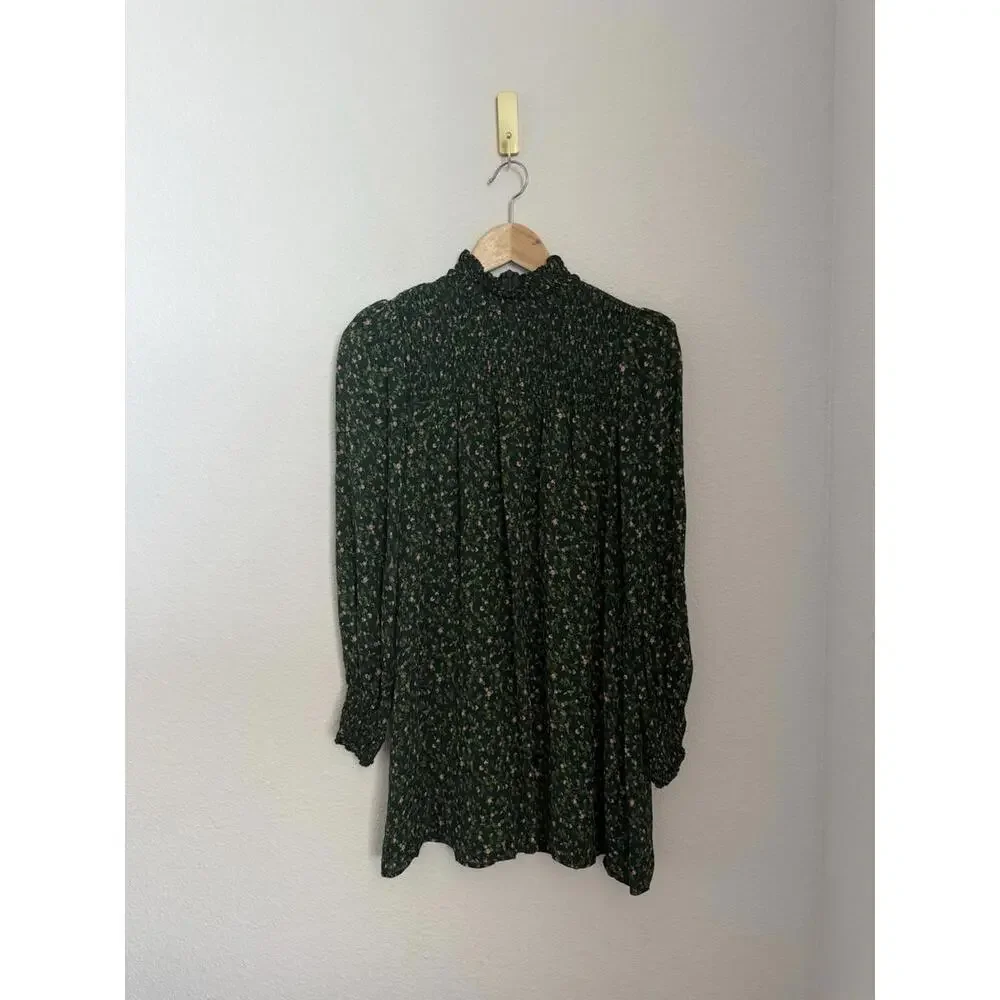 Reformation Brandi Green Floral Long Sleeve Smocked Mock Neck Mini Dress Size S - Picture 3 of 8